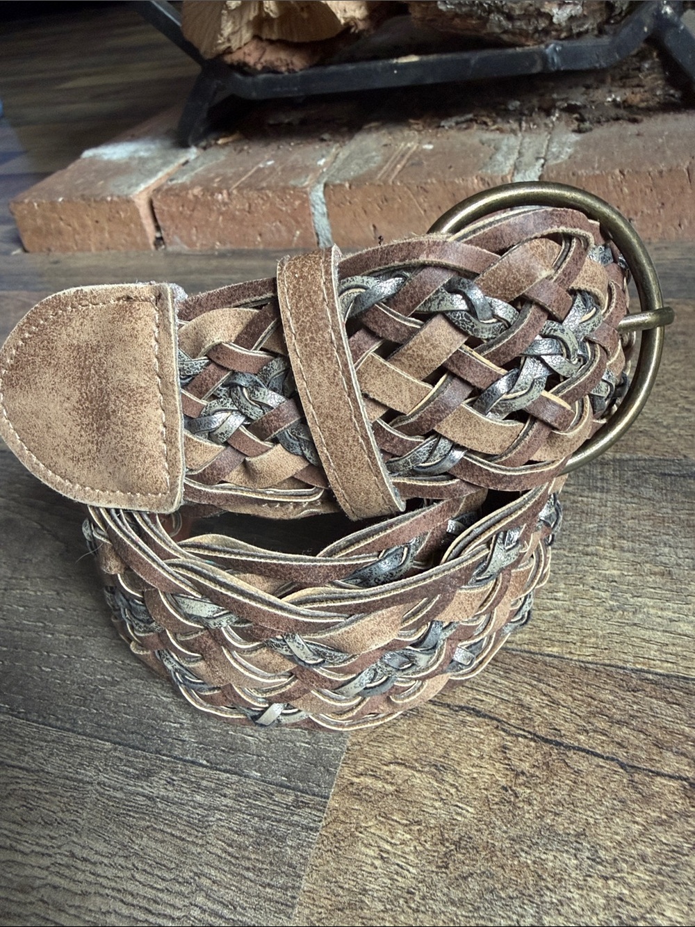 Braided Suede Brown Women's Belt with Antique Brass Ring